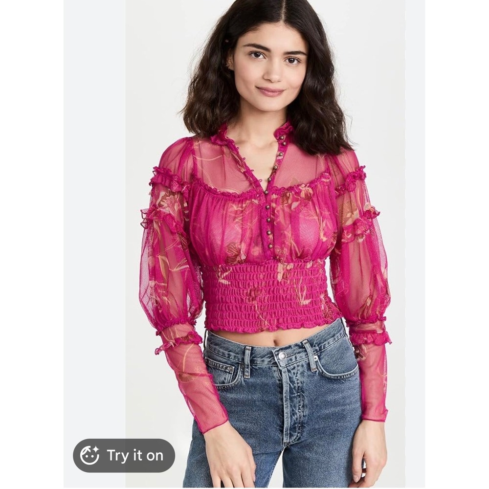Free People One On The Dot Mesh Smocked Floral Blouse Fuchsia Pink Medium NWOT